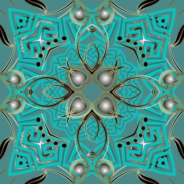 Zarif süslemeli 3d Paisley vektör dikişsiz desen. Yunan tarzı dekoratif modern arka plan. Döşeme. Duvar kağıdı. Dekoratif arka plan. Yunan anahtarı geometrik süslemeler. Paisley çiçekleri