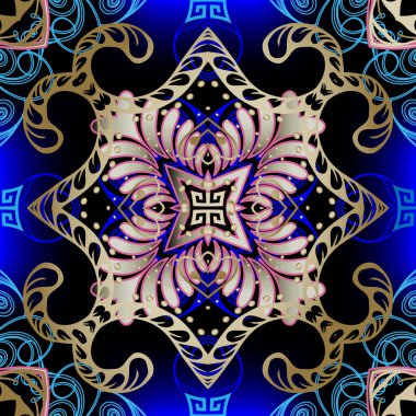 Renkli çiçek desenli Yunan vektörü. Parlak geometrik arka plan süslemesi. Döşeme. Duvar kağıdı. Dekoratif arka plan. Yunan anahtarı eski püskü süsler. Çiçekler, noktalar, şekiller