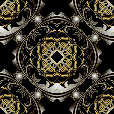 Lüks süslemeli, kusursuz Barok deseni. Yunan tarzı çiçek arkaplanı. Geometrik tekrarla dekoratif arkaplan. Soyut modern Yunanca anahtar kavramları klasik barok tarzı çiçeklerle süslenmiş, yapraklar.