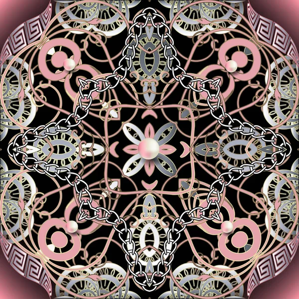 Розово-розовый драгоценный вектор векторного безseamless узор. Украшенный цветочный греческий стиль светящийся фон. Украшенный повторяющийся фон. Винтажные цветы, геометрические формы, 3d груши, драгоценные камни, цепи украшения . — стоковый вектор