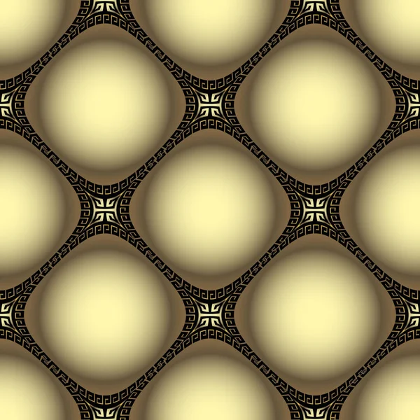 Abstract gold 3d modern vector seamless pattern. Geometric ornamental surface greek style background. Repeat ornate backdrop. Textured decorative greek key meander ornament with shapes, lines, symbols