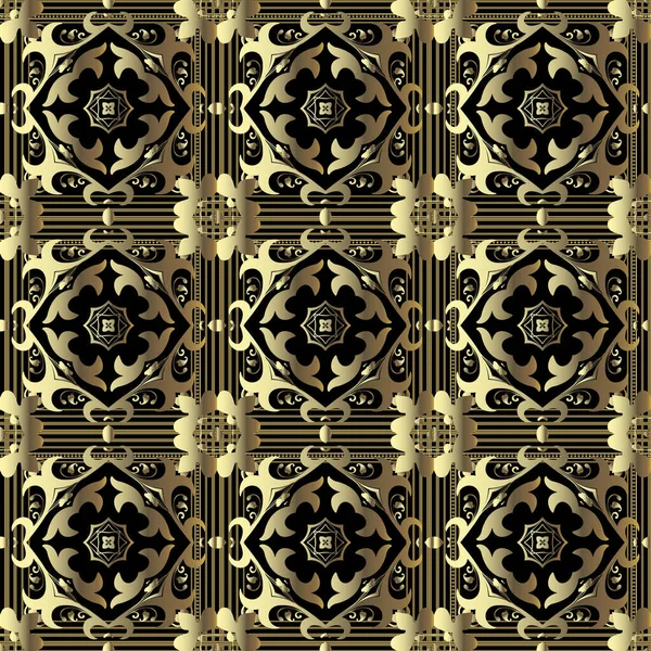 Striped checkered 3d arabesque gold vector seamless pattern. Ornamental arabic style background. Vintage floral golden ornament with ornate flowers, leaves, stripes, frames, squares. Geometric design — Stock Vector