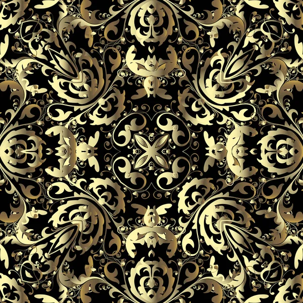 Ouro barroco 3d vetor sem costura padrão. Fundo de renascimento ornamental. Vintage antigo floral 3d ornamento dourado com flores, folhas. Superfície textura de luxo. Repetir design decorativo ornamentado . — Vetor de Stock