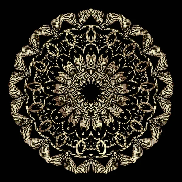 Dokulu altın 3D yuvarlak mandala deseni. Grunge çiçek vektör süsü. Antika altın çiçekler, yapraklar, daireler, çerçeveler, zikzak çizgileri, şekiller. Nakış stili kumaş. Lüks süsleme arkaplanı. — Stok Vektör