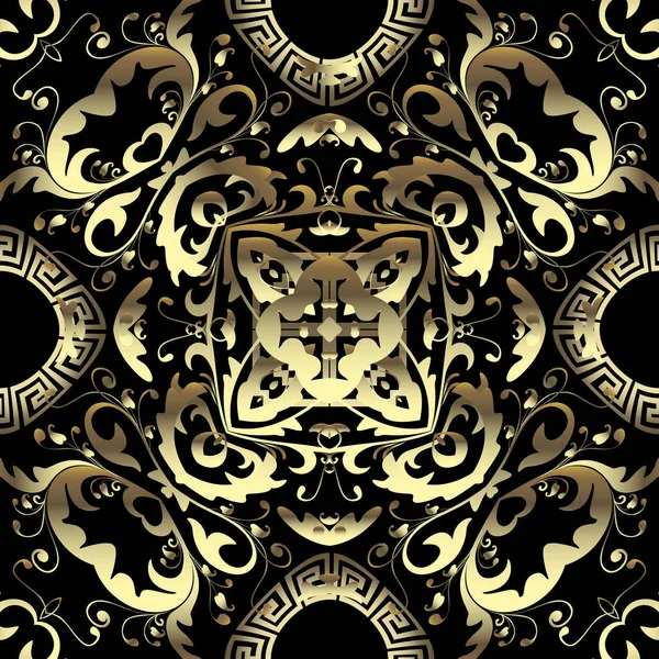 Gold 3d vector Baroque seamless pattern. Greek style ornamental vector background. Repeat ornate backdrop. Floral Damask ornament. Vintage golden flowers, leaves, geometric shapes. Greek key meanders. — Stock Vector
