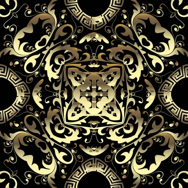 Oro 3d vector barroco patrón sin costura. Fondo vectorial ornamental estilo griego. Repite decorado telón de fondo. Adorno de damasco floral. Flores doradas vintage, hojas, formas geométricas. Meandros clave griegos . — Archivo Imágenes Vectoriales