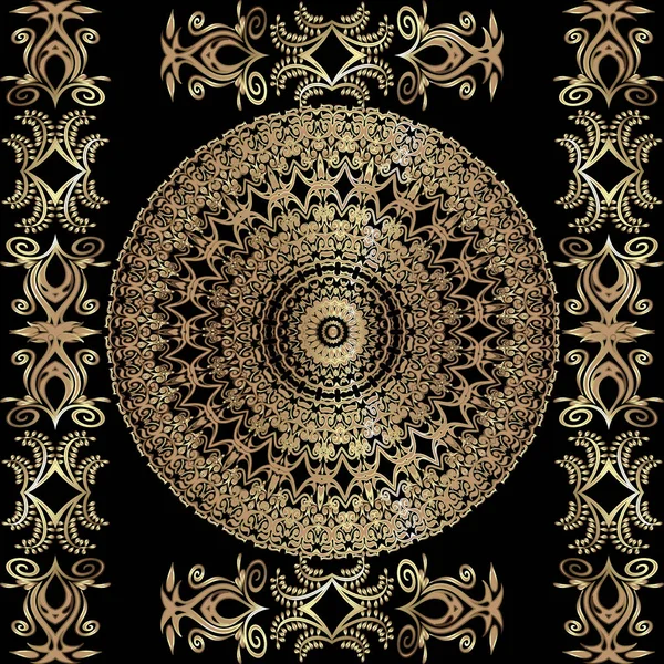 Mandala y bordes vector patrón sin costura. ornamento redondo estilo arábigo floral. Vintage flores de oro étnico, hojas, puntos, marco, círculos. Diseño fronterizo. Fondo mandala ornamental . — Vector de stock