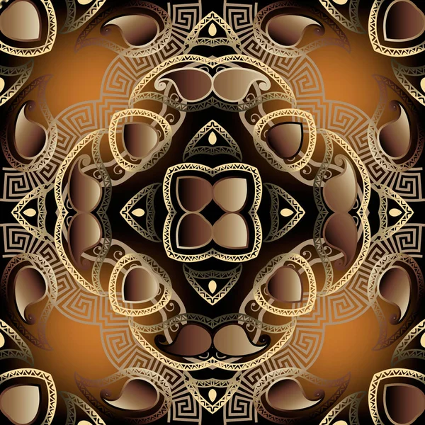 Patrón floral adornado 3d Paisley vector sin costuras. Estilo griego ornamental brillante fondo. Azulejos. Fondo de pantalla. Fondo árabe repetido. Clave griega meandros ornamento geométrico. Paisley flores de encaje . — Archivo Imágenes Vectoriales