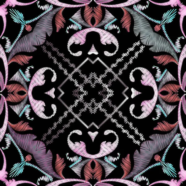 Bordado a rayas de colores Patrón barroco sin costuras. Fondo texturizado geométrico vectorial. Tapiz floral Adorno de Damasco en estilo barroco. Diseño de flores bordadas. Textura grunge . — Archivo Imágenes Vectoriales