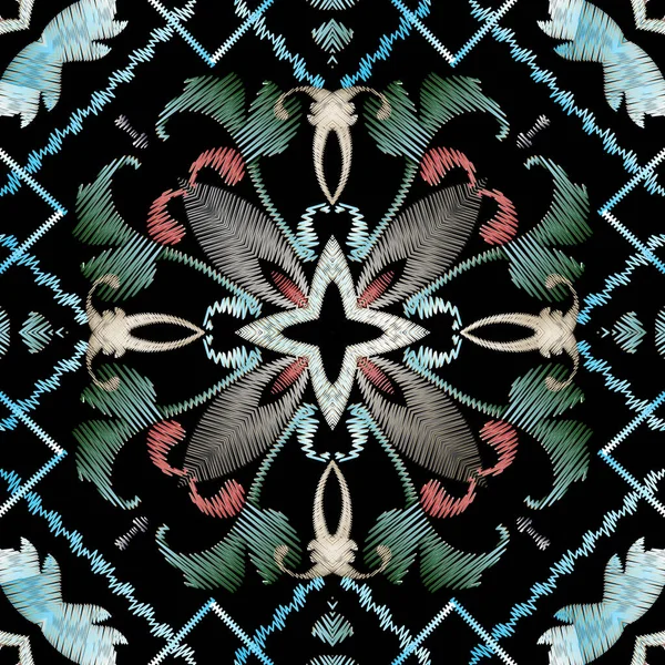 Πολύχρωμο ριγέ κέντημα Μπαρόκ χωρίς ραφή μοτίβο. Διάνυσμα γεωμετρικής υφής φόντο. Tapestry floral Damask στολίδι σε μπαρόκ στυλ. Κεντημένα λουλούδια. Διακοσμητική υφή Grunge. — Διανυσματικό Αρχείο