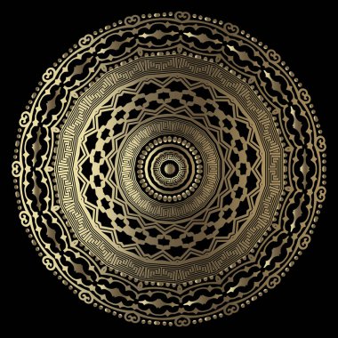 Altın 3d süslemeli vektör mandala deseni. Arabesk geçmişi. Yuvarlak doğulu dantel süsü. Yüzey altın dokusu. Altın şekilli dekoratif tasarım, çiçekler, noktalar, Yunan anahtarı.