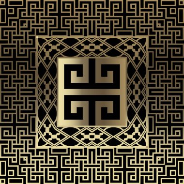 Kelt stili süslemeli altın 3D vektör pürüzsüz desen. Parlak geometrik altın şebeke arka planı. Eski kare çerçeveleri süslemek. Lüks dekoratif tasarım. Yunan kilit oyuncuları. Modern soyut süs.
