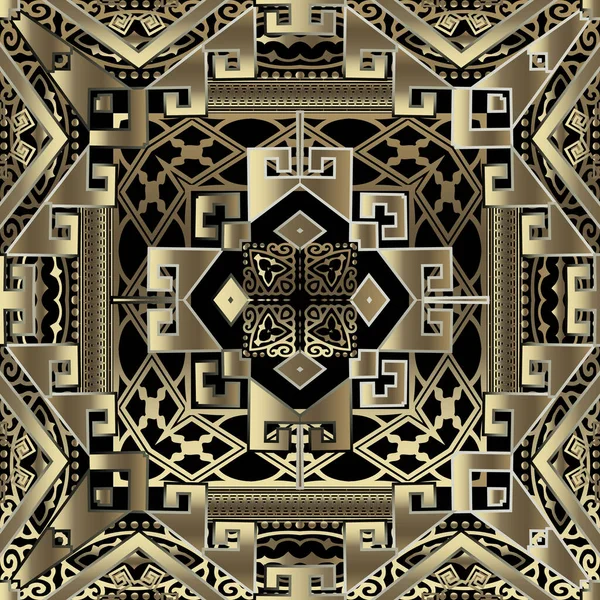Gold komplizierten 3D-geometrischen Vektor nahtlose Muster. Floraler Arabesken Hintergrund. Wiederholen abstrakte kunstvolle Hintergrund. Stammesornament im ethnischen Stil mit Vintage-Blumen, geometrischen Formen. Luxusdesign. — Stockvektor
