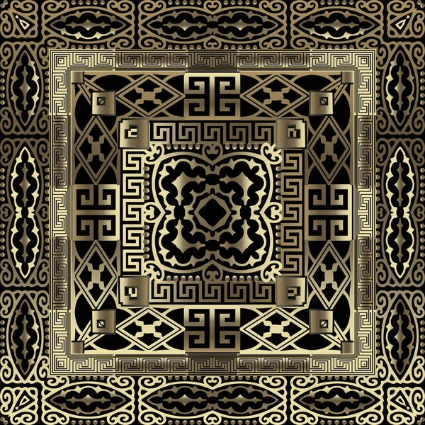 Gold 3D geometrický řecký vektor bezešvé vzor. Arabské pozadí. Opakovat abstraktní pozadí. Tribal etnický styl řecký klíč meandry ornament s vinobraní květin, geometrické tvary, čtvercové rámy. — Stockový vektor