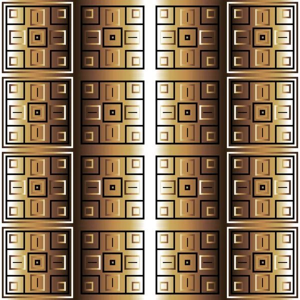 Quadrados ornamentais geométricos padrão sem costura vetorial. Texturizado dourado abstrato 3d fundo. Plano de fundo de gradiente de repetição verificado. Ornamento tribal com listras, linhas, formas. Design moderno . —  Vetores de Stock