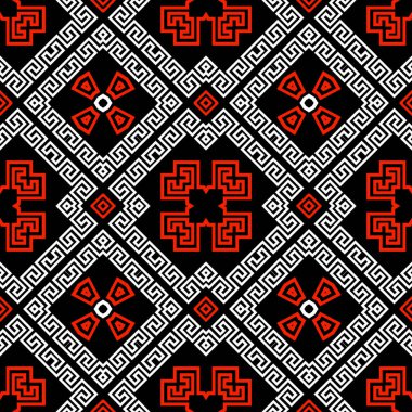 Geometrik, siyah, beyaz, kırmızı, zarif, Yunan tarzı, pürüzsüz bir model. Süslü geometrik etnik arka plan. Renkli soyut moda arka planı. Kabile modern süslemeleri Yunanca anahtar yol yordam süsü