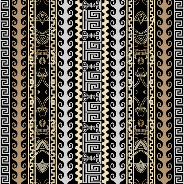 Estilo étnico tribal grego bordas sem costura padrão. Fundo listrado geométrico vetorial. chave grega meandros ornamento antigo. Formas ornamentais geométricas, linhas, ondas, símbolos, sinais, listras — Vetor de Stock