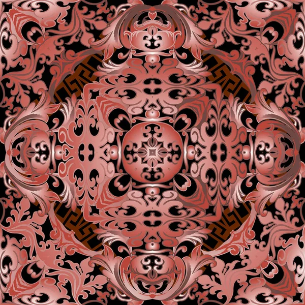 Patrón estampado vintage vector de colores sin costura. Fondo barroco ornamental. La clave griega serpentea formas abstractas. Adornos de damasco floral. Estilo barroco victoriano intrincadas flores, hojas — Vector de stock