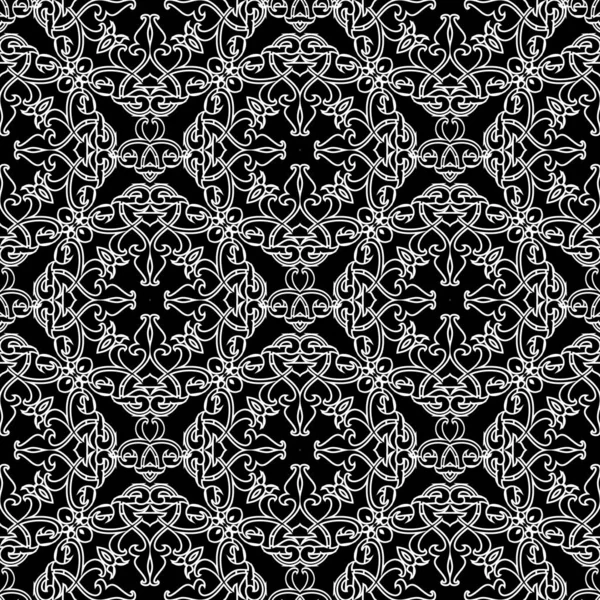 Arabesque bloemen vector naadloos patroon. Zwarte en witte decoratieve Arabische achtergrond. Etnische stijl elegantie lijn kunst ornamenten met vintage bloemen, bladeren, vormen, lijnen. Prachtig sierlijk design — Stockvector