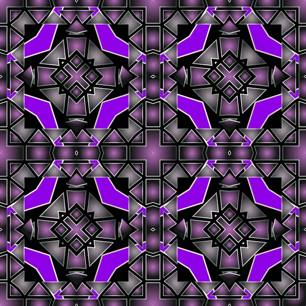 カラフルな幾何学抽象ベクトルシームレスパターン。バイオレットトーンの近代的な装飾幾何学的背景。三角形、三角形、菱形、クロス、長方形と部族の民族スタイルの繰り返しの装飾 — ストックベクタ