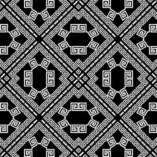 幾何学的な黒と白のエレガントなギリシャスタイルのベクトルシームレスなパターン。装飾的な幾何学的民族的背景。抽象的な流行パターンの背景。部族現代の華やかなギリシャの鍵の意味飾り — ストックベクタ