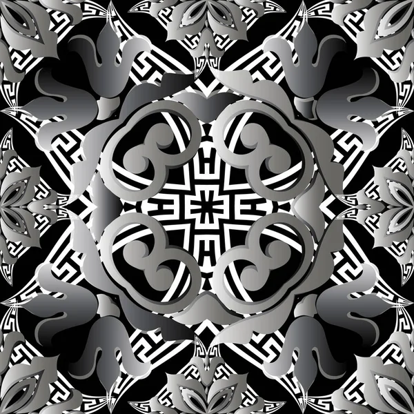 3D花バロックベクトルシームレスパターン。表面装飾ギリシャの背景。幾何学的な繰り返しの背景。3次元壁紙ヴィンテージの花、葉、ギリシャ語の鍵の意味の装飾と装飾的なデザイン — ストックベクタ