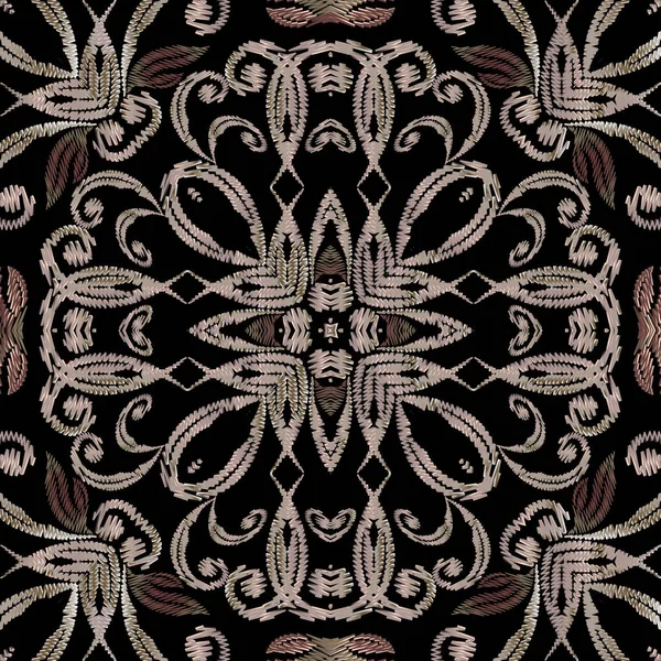刺繍装飾バロックベクトルシームレスパターン。カラフルな花のグランジの背景。タペストリーの壁紙。装飾的な花、葉、バロック様式の装飾品を孵化させます。刺繍されたカーペットの質感 — ストックベクタ