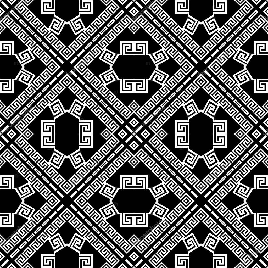Geometric black and white elegant greek style vector seamless pattern. Ornamental geometric ethnic background. Abstract trendy patterned backdrop. Tribal modern ornate greek key meanders ornament