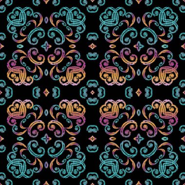 İşlemeli süslemeli Barok vektör kusursuz desen. Renkli bir çiçek arkaplanı. Duvar kâğıdı. Damask süsleri, yapraklar, yumurtadan çıkan barok süsler. Nakışlı halı dokusu