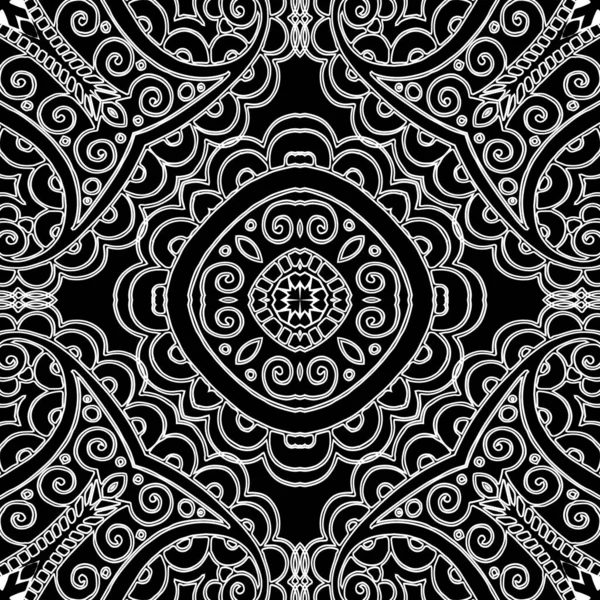 Padrão sem costura vetorial de arte de linha preta e branca étnica. Fundo de estilo folclórico floral ornamental. Doodle mão rendada ornamento desenhado com flores elegância rendas, folhas, linhas, redemoinhos, formas, mandalas —  Vetores de Stock