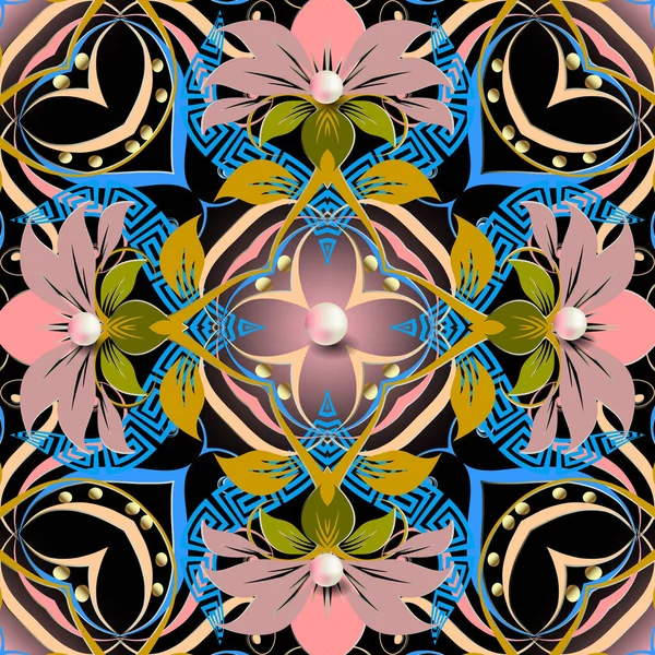 Colorido patrón inconsútil vector griego floral. Fondo decorativo joyería con perlas blancas 3d. Elegancia rosa flores de color rosa con piedras preciosas y meandros clave griega ornamento. Hermoso diseño moderno — Archivo Imágenes Vectoriales