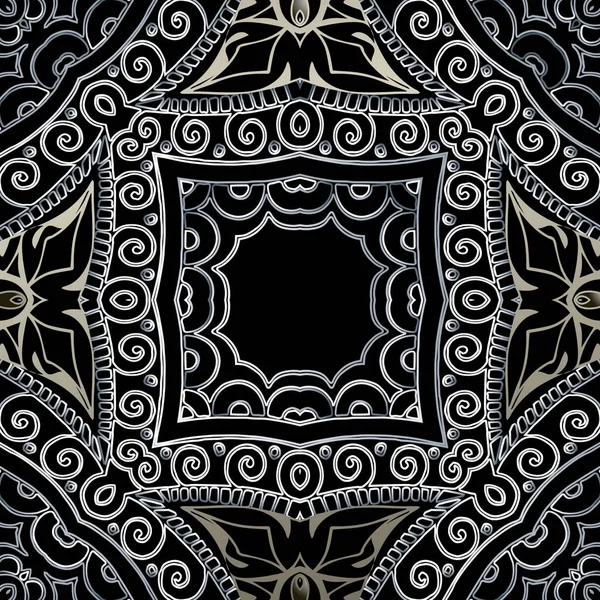 Ethnique vintage ligne art vecteur motif sans couture. Fond floral de style folklorique ornemental. Doodle dentelle dessinée à la main ornement géométrique avec des fleurs de dentelle, feuilles, lignes, tourbillons, formes, cadres, mandalas — Image vectorielle