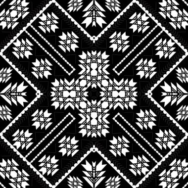 Geometrik kabile siyah beyaz desenli. Süslü etnik halı arka planı. Zigzag çizgileri, eşkenar dörtgen, şekiller, çerçeveler, kenarlar, üçgenler içeren çizgili simetrik süsler