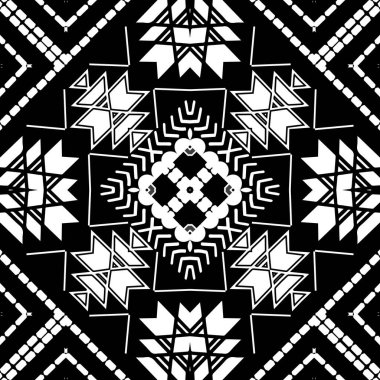 Geometrik kabile siyah ve beyaz modern kusursuz desen. Süslü, etnik bir geçmişi var. Zigzag çizgileri, eşkenar dörtgen, şekiller, çerçeveler, kenarlar, üçgenler içeren çizgili simetrik süsler