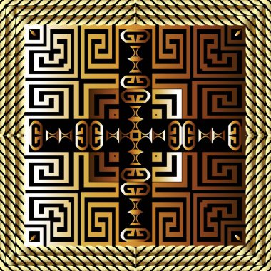 Geometrik altın üç boyutlu vektörsüz desen. Modern soyut çizgili arka plan. Kabile etnik tarzı arka plan tekrarı. Yüzey kareli 3 boyutlu süs. Yunan kilit oyuncuları. Desenli kare çerçeveler