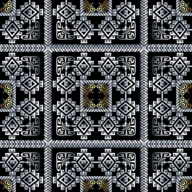 Damalı geometrik 3d vektörsüz desen. Modern soyut Yunan arka planı. Kabile etnik tarzı arka plan tekrarı. Yüzey desenli çizgili süs. Yunan anahtar pervazları, çerçeveler, şekiller, çizgiler