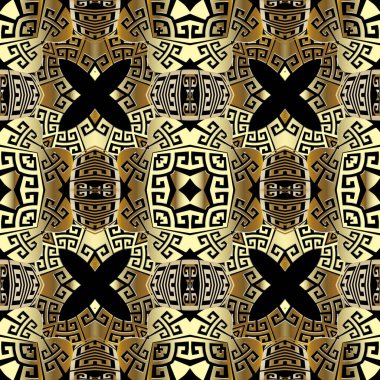 Antik altın 3d Yunan vektörü kusursuz desen. Kabile etnik tarzı geometrik arka plan. Süslü tekrarlama arka planı. Yunan anahtarlarının süsü. Duvar kağıtları, kumaş ve baskılar için lüks tasarım