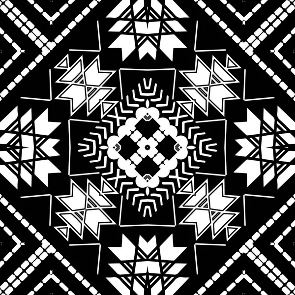 Geométrica tribal blanco y negro moderno patrón sin costuras. Vector ornamental estilo étnico de fondo. Adornos simétricos a rayas con líneas en zigzag, rombos, formas, marcos, bordes, triángulos — Archivo Imágenes Vectoriales