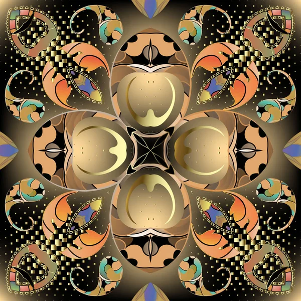Moderne ornamentale bunte 3D Paisley nahtlose Muster. Vektor glühenden Halbton gepunkteten Hintergrund. ethnischen Stil schöne florale Ornamente. Eleganz Paisley-Blüten, Blätter, Punkte, Quadrate, Formen — Stockvektor