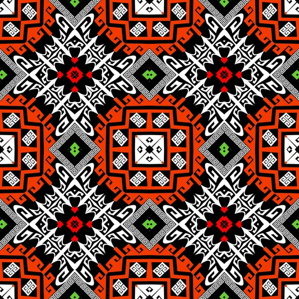 Patrón geométrico sin costura de estilo étnico tribal. Fondo colorido ornamental griego. Fondo geométrico abstracto repetido. Diseño moderno vectorial. Clave griega meandros ornamento. Geometría formas, rombo — Vector de stock