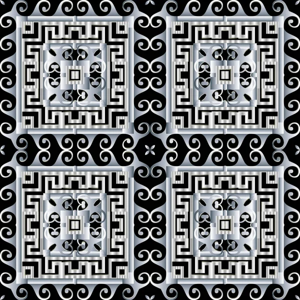 幾何学的な白い3Dベクトルのシームレスなパターン。現代の抽象的な装飾ギリシャの背景。部族的民族様式は背景を繰り返す。表面の質感の装飾。ギリシャ語のキーの意味、波のフレーム — ストックベクタ