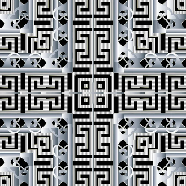 Ριγέ γεωμετρικό ασημί 3d διάνυσμα απρόσκοπτη μοτίβο. Σύγχρονο αφηρημένο διακοσμητικό ελληνικό φόντο. Φυλετικό έθνικ στυλ επαναλαμβανόμενο σκηνικό. Επιφανειακή υφή στολίδι. Ελληνικό κλειδί meander. Κυματικές γραμμές — Διανυσματικό Αρχείο