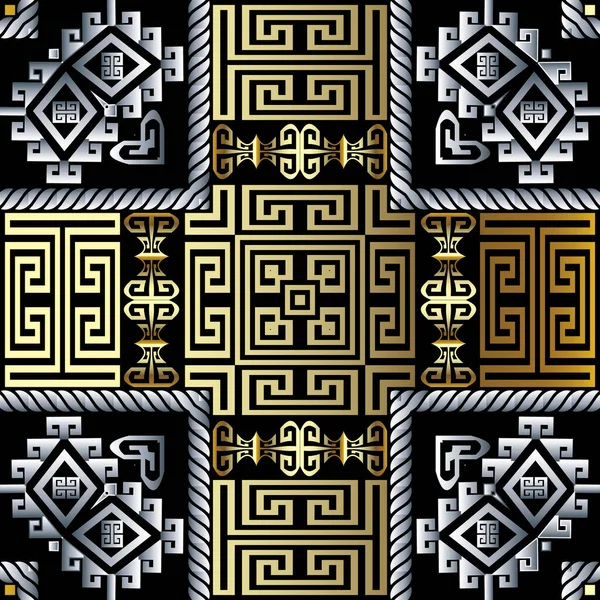 Rayas geométricas oro plata 3d vector patrón sin costura. Fondo ornamental ornamental abstracto moderno. Fondo de repetición de estilo étnico tribal. Superficie textura adorno a cuadros. Meandros clave griegos — Vector de stock