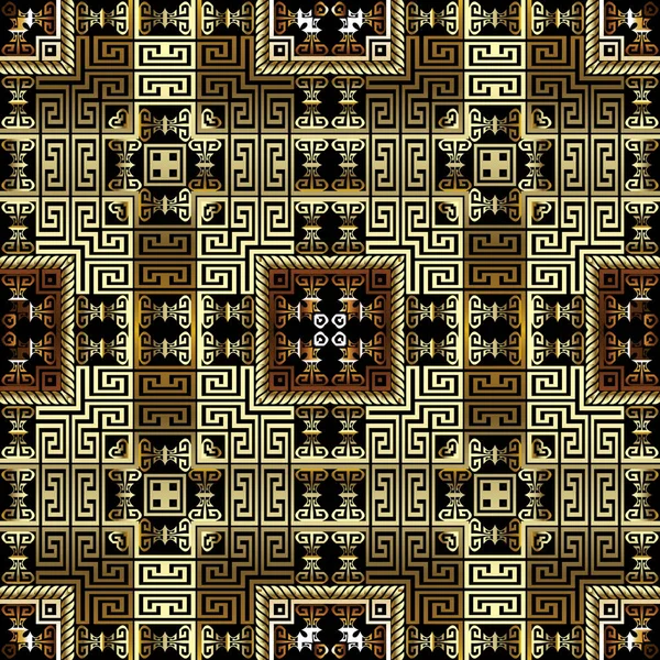 3d de lujo geométrico vector de oro patrón sin costura. Fondo griego ornamental abstracto moderno. Fondo de repetición de estilo étnico tribal. Superficie texturizada a cuadros adorno 3d. Meandros clave griegos — Vector de stock