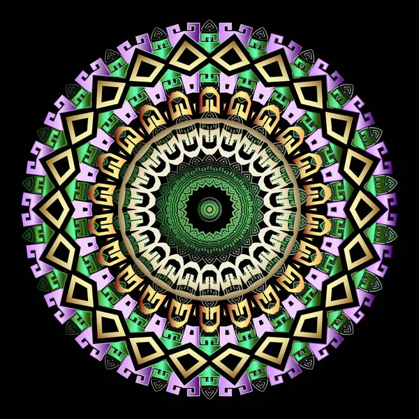 Kleurrijke etnische stijl ronde 3d mandala patroon. Vector sier abstracte achtergrond. Decoratieve tribale cirkel ornament. Helder versierd ontwerp met ruit, geometrische vormen, lijnen. Voor afdrukken, kaart — Stockvector