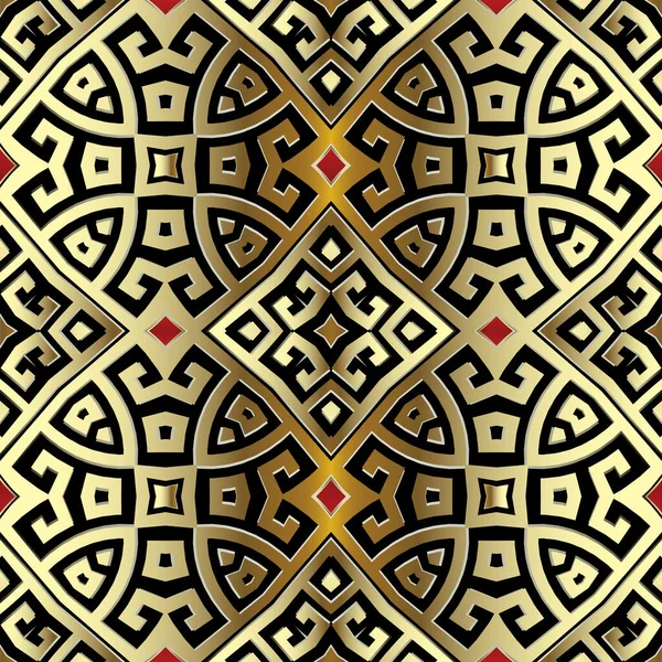 Altgold 3d griechischer Vektor nahtloses Muster. Stammes-ethnischen Stil geometrischen Hintergrund. ornamentale Wiederholung ornamentaler Hintergrund. griechischer Schlüssel mäandert Ornament. Luxusdesign für Tapeten, Stoffe, Drucke — Stockvektor