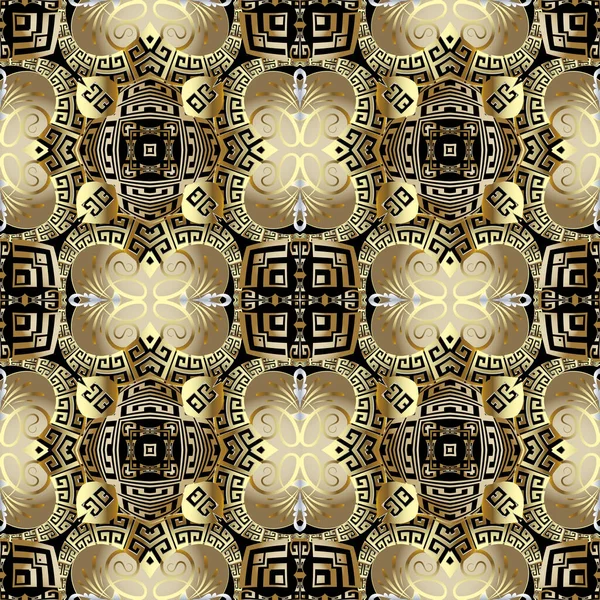 Utsmyckat guld 3d grekiska vektor sömlös mönster. Glödande prydnadsväxter blommig bakgrund. Upprepa geometrisk bakgrund. Vintage blommor, blad, geometriska former. Grekiska nyckel slingrar yta gyllene prydnader — Stock vektor