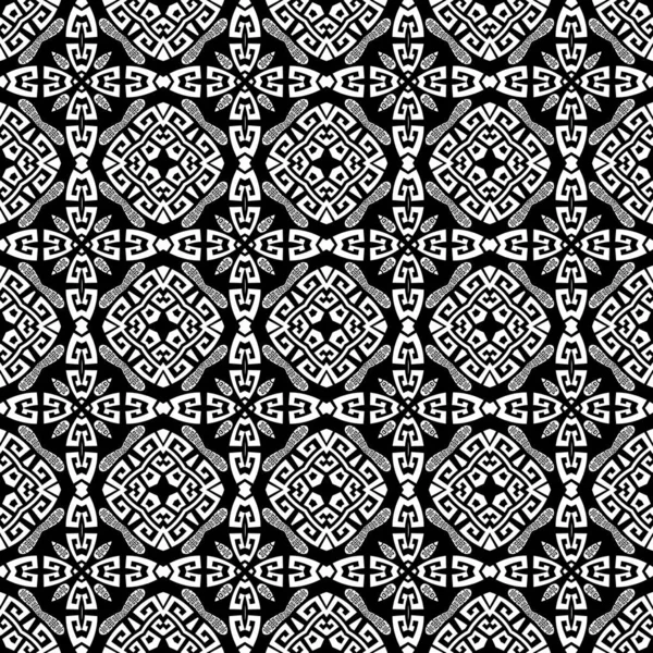 Tribal black and white greek style vector seamless pattern. Ornamental geometric ethnic background. Monochrome abstract elegant tribal backdrop. Geometric modern ornate greek key meanders ornament — ストックベクタ