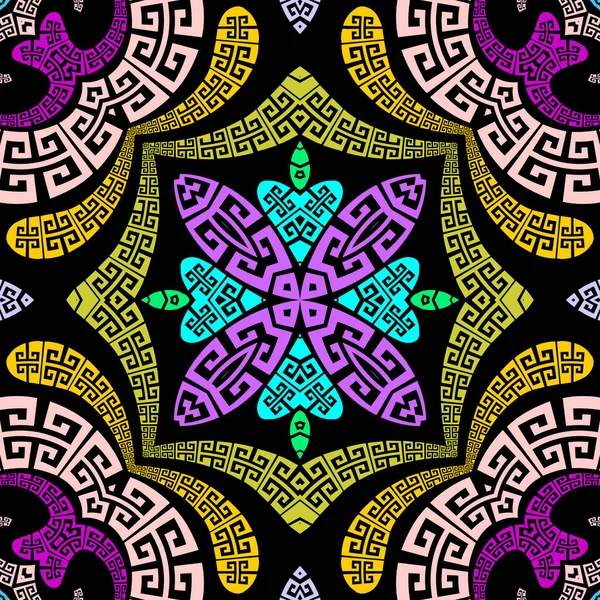 Hermoso patrón inconsútil vector griego floral colorido. Ornamental abstracto Paisley flores fondo. Fondo geométrico de repetición modelado. Diseño ornamentado moderno con adornos meandro clave griega — Vector de stock