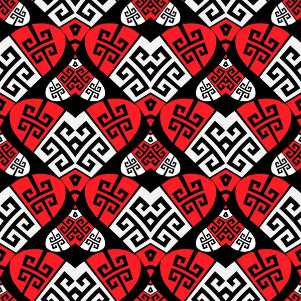 Liebe herzen ornamentale moderne nahtlose muster. griechischer Stil gemusterten Liebe Hintergrund. romantische Wiederholungskulisse. Eleganz schwarz weiß rot geometrisches Design. dekorative griechische Schlüssel mäandert Ornament — Stockvektor